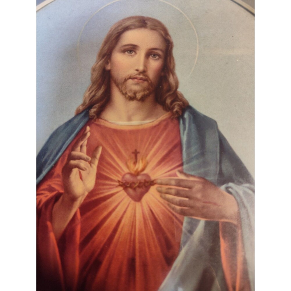 Vintage Sacred Heart of Jesus Print Wooden Frame Catholic Art MCM